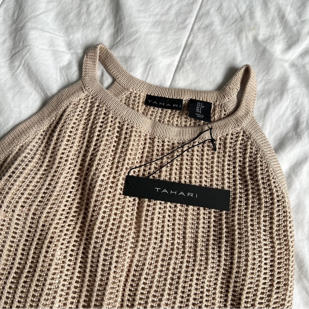 Tahari Beige Open Knit Slit Dress